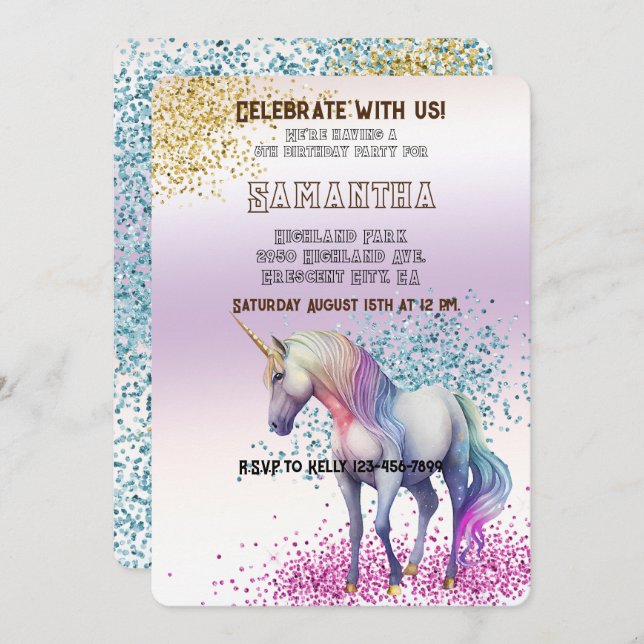 Invitation Aqua Gold rose Unicorn Parties scintillant (Devant / Derrière)