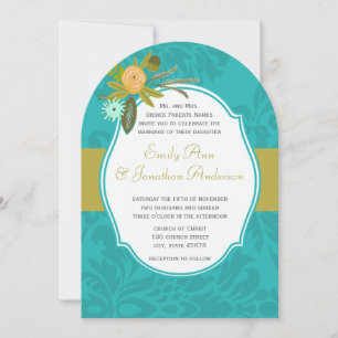 Invitation Aqua Golden Lime Chartreuse Mariage damassé Invita