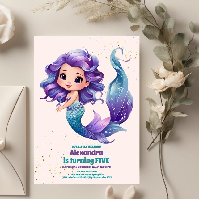 Invitation Aqua Green Gold Little Mermaid Anniversaire (Créateur téléchargé)