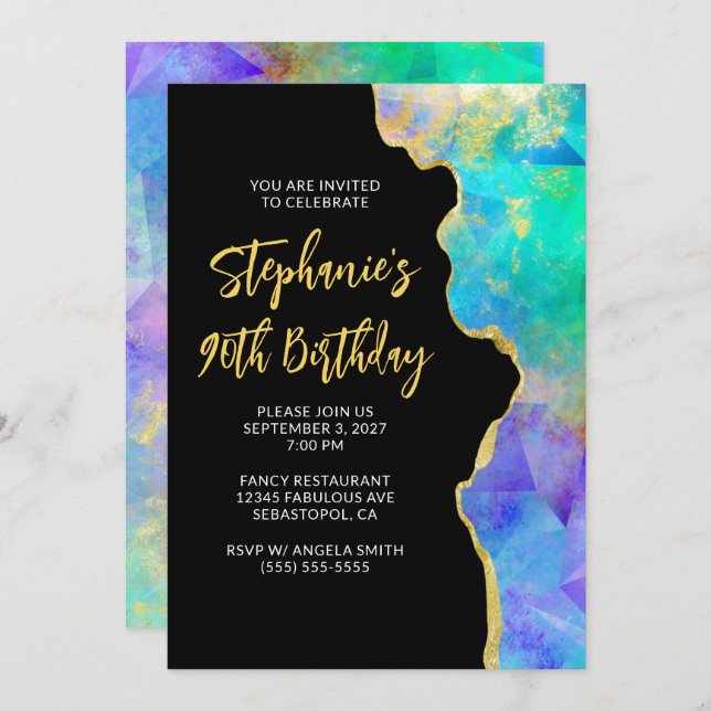 Invitation Aqua Green Multi Fire Opal Gold Glam 90e anniversa (Devant / Derrière)