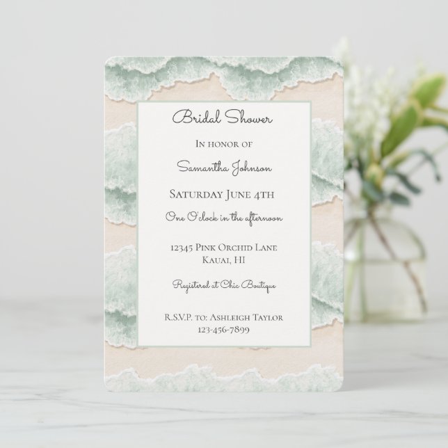 Invitation Aqua Green Ocean Waves Sand Beach Bridal Shower (Debout devant)