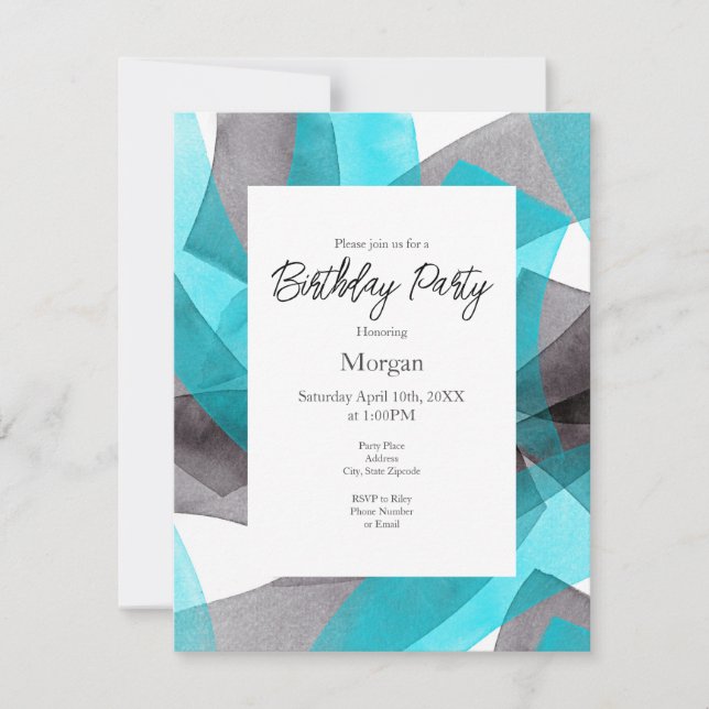 Invitation Aqua Grey Aquarelle noire Abstraite Brosse (Devant)