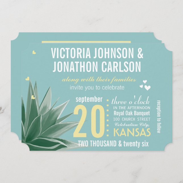 Invitation Aqua Jaune Mariage de typographie Succulente (Devant / Derrière)