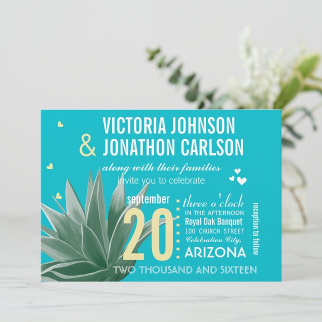 Invitation Aqua Jaune Succulent ModerneTypographie Mariage (Debout devant)