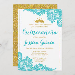 Invitation Aqua Lace et Parties scintillant Gold Princesse Qu