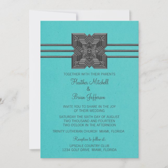 Invitation Aqua Medallion à un mariage frontalier (Devant)