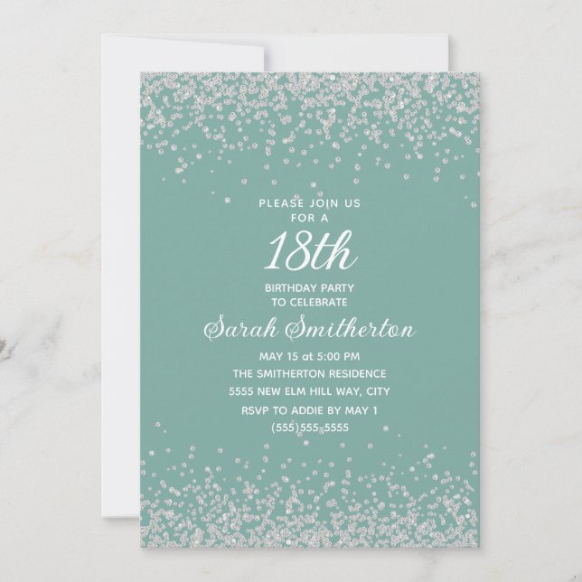 Invitation Aqua Menthe Argent Paillettes Diamant 18e Annivers (Devant)