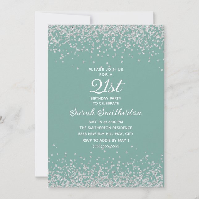 Invitation Aqua Menthe Argent Paillettes Diamant 21e Annivers (Devant)