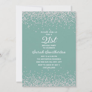 Invitation Aqua Menthe Argent Paillettes Diamant 21e Annivers