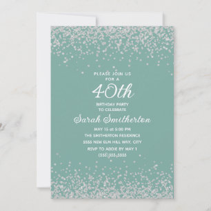 Invitation Aqua Menthe Argent Paillettes Diamant 40e Annivers