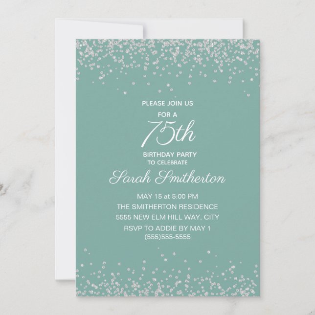 Invitation Aqua Menthe Argent Paillettes Diamant 75e Annivers (Devant)