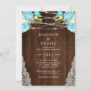Invitation Aqua Mint Rustic Bois String éclaire le Mariage Fl