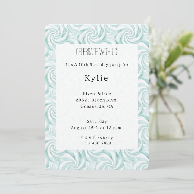 Invitation Aqua Mint White Swils Anniversaire (Debout devant)
