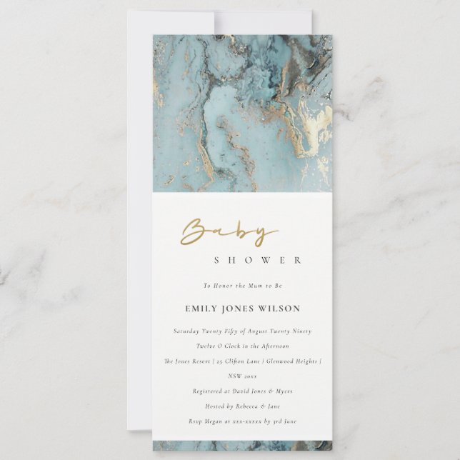 INVITATION AQUA MODERNE DUSKY BLUE GOLD AGATE BABY SHOWER (Devant)