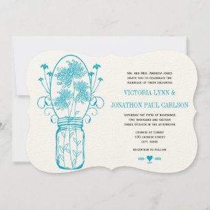 Invitation Aqua Ocean Blue Mason Jar Wild Flower Mariage
