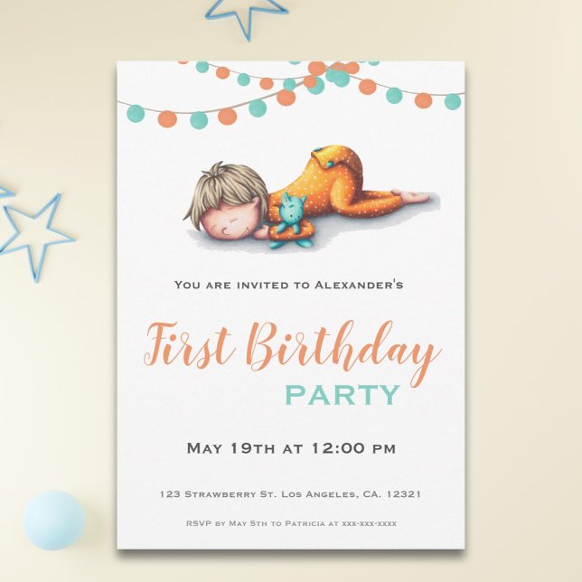 Invitation Aqua Orange Sleeping Boy Garland Premier anniversa (Créateur téléchargé)