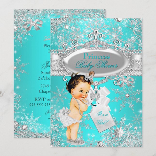 Invitation Aqua Princess Winter Wonderland Baby shower Brown (Devant / Derrière)