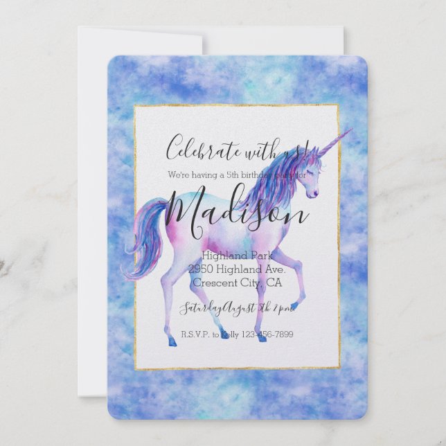 Invitation Aqua Purple White Unicornes Anniversaire (Devant)