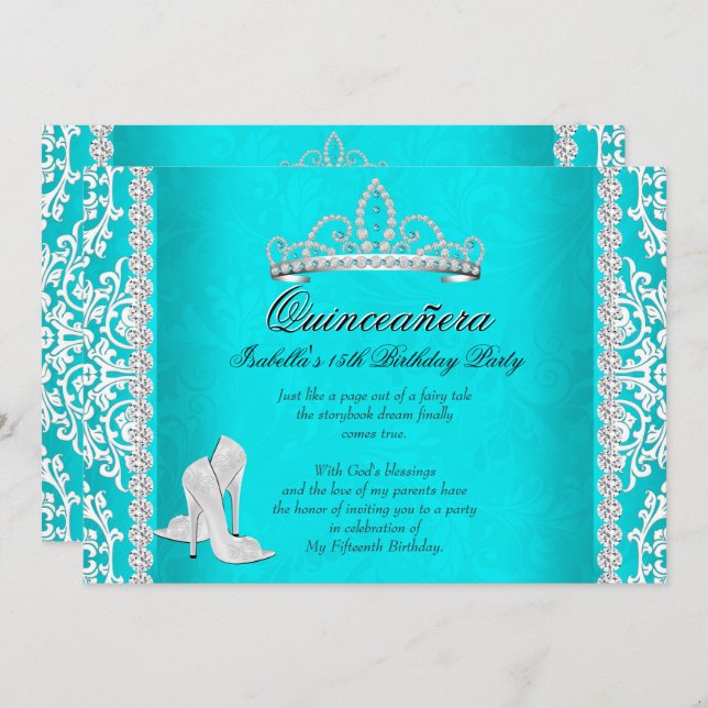 Invitation Aqua Quinceanera 15e anniversaire Tiara High Heels (Devant / Derrière)