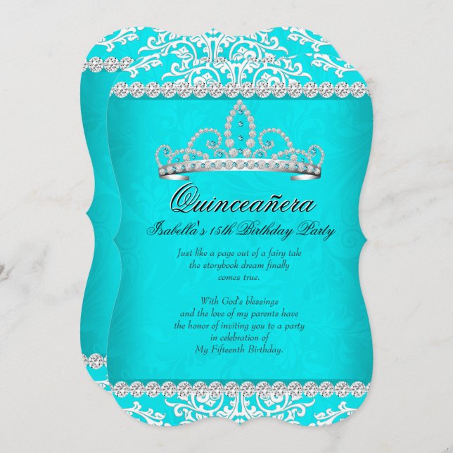 Invitation Aqua Quinceanera Turquoise 15ème anniversaire fête (Devant / Derrière)