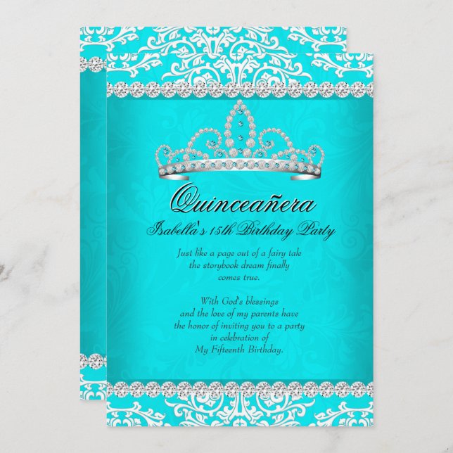 Invitation Aqua Quinceanera Turquoise 15ème anniversaire fête (Devant / Derrière)