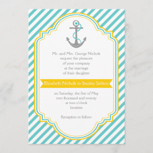 Invitation Aqua, rayures blanches et ancre mariage nautique