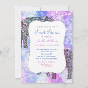 Invitation Aqua rose Black Elephant Bright Tribal