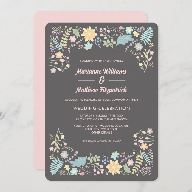 Invitation Aqua rose gris clair Mariage floral moderne (Devant / Derrière)