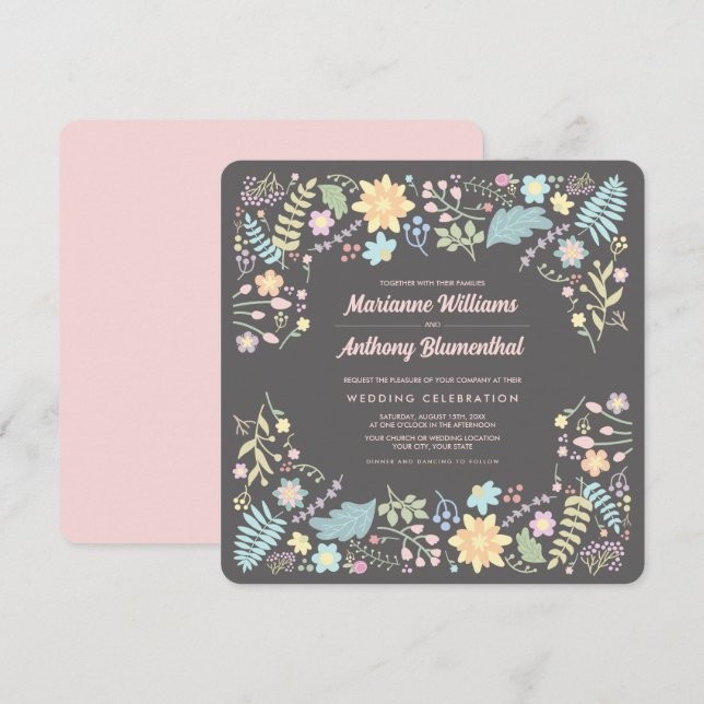 Invitation Aqua rose gris clair Mariage floral moderne (Devant / Derrière)