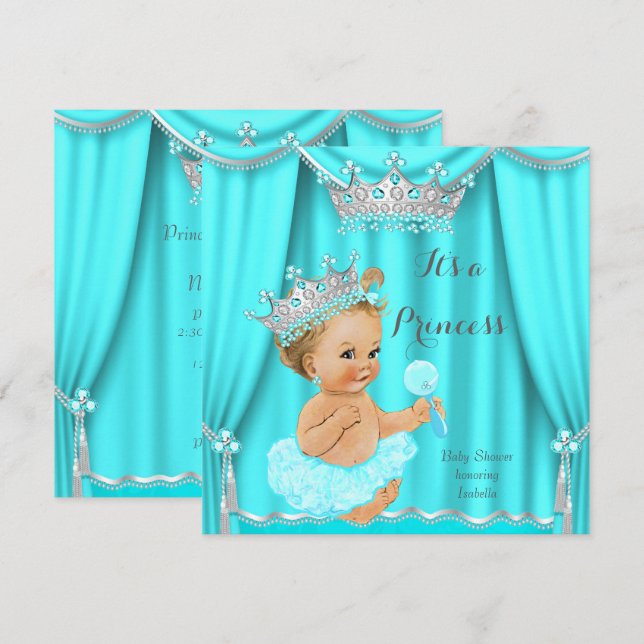 Invitation Aqua Sarcelle Princesse Baby Shower Argent Blonde (Devant / Derrière)