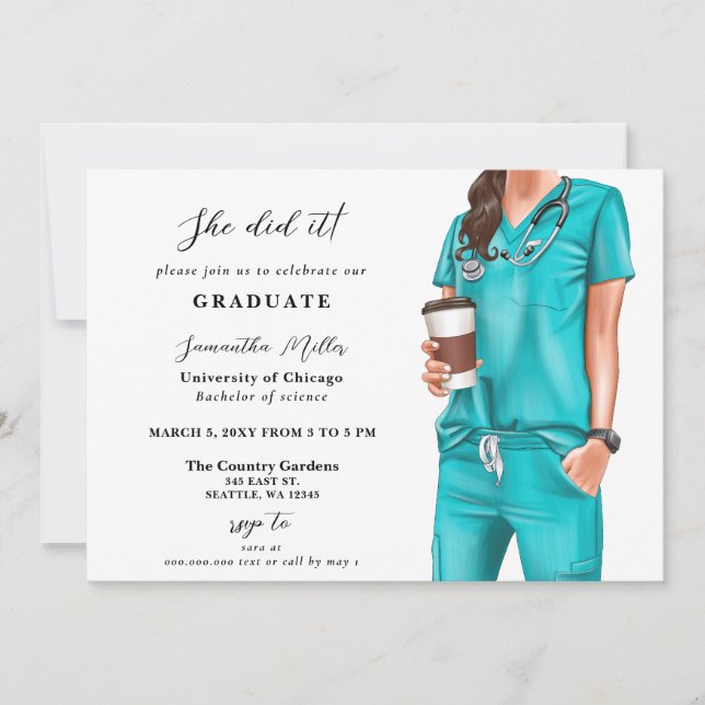 Invitation Aqua Scrubs Nurse Photo Elle L'A Fait Diplôme (Devant)