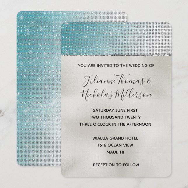 Invitation Aqua Silver Glam Glitz Pearl Mariage (Devant / Derrière)