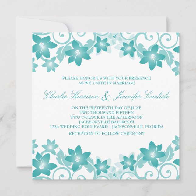 Invitation Aqua Simple Mariage Floral (Devant)