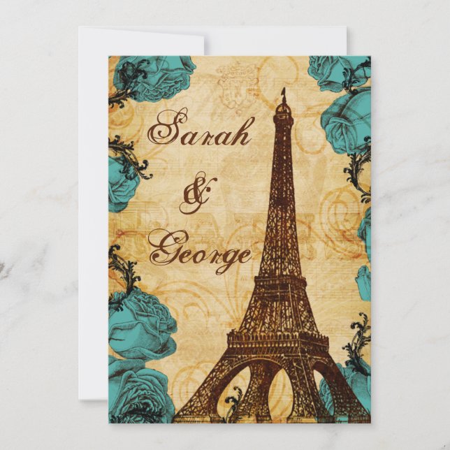 Invitation aqua tour eiffel vintage Paris mariage (Devant)