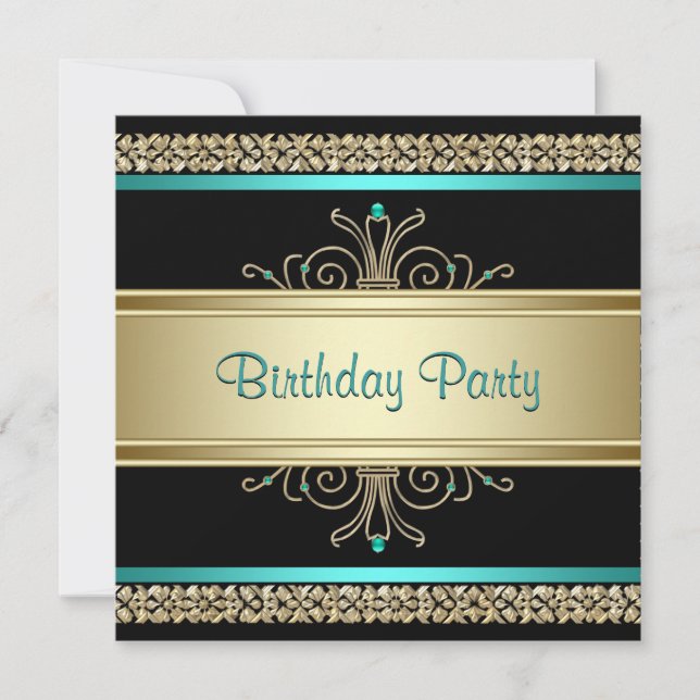 Invitation Aqua Turquoise Blue Gold Black Womans fête d'anniv (Devant)