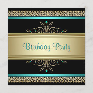 Invitation Aqua Turquoise Blue Gold Black Womans fête d'anniv