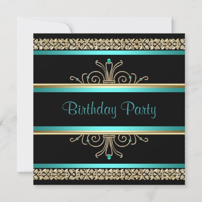 Invitation Aqua Turquoise Blue Gold Black Womans fête d'anniv (Devant)