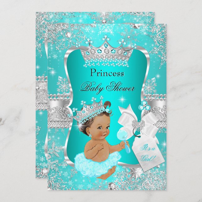 Invitation Aqua Turquoise Blue Princess Baby shower Brunette (Devant / Derrière)