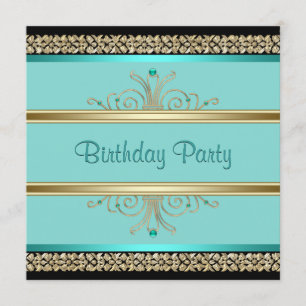 Invitation Aqua Turquoise Blue Womans Black Gold fête d'anniv