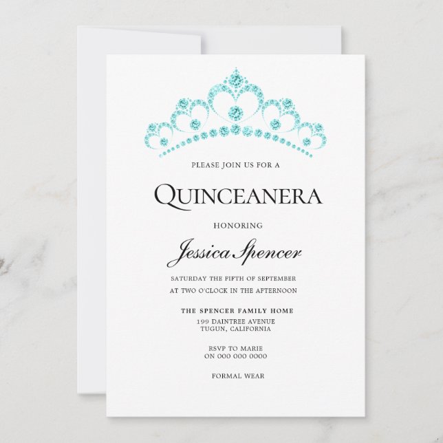 Invitation Aqua Turquoise Diamond Tiara Quinceanera Invitatio (Devant)