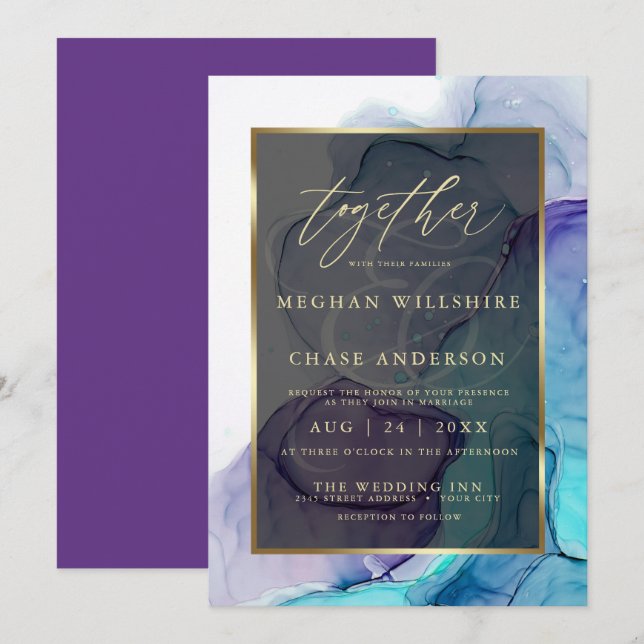 Invitation Aqua Turquoise Encre d'alcool violet profond (Devant / Derrière)