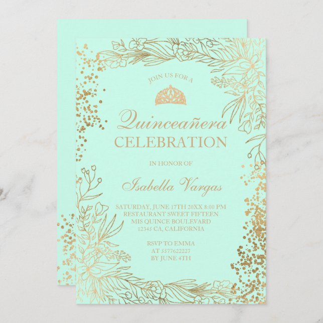 Invitation Aqua turquoise fleurie or Tiara chic Quinceañera (Devant / Derrière)