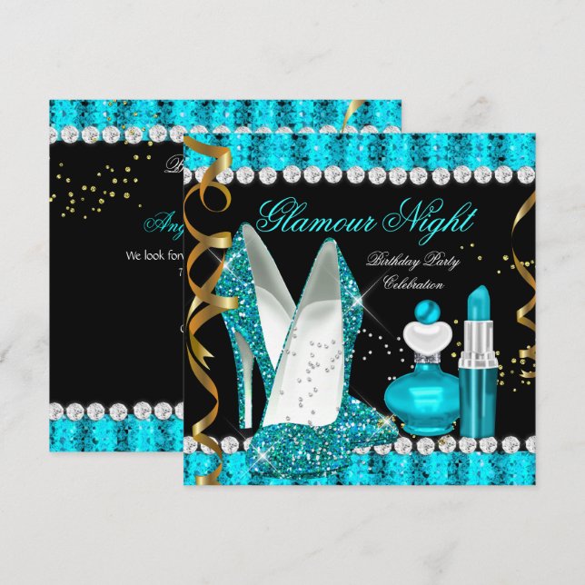 Invitation Aqua turquoise Glamour Night Gold Noir (Devant / Derrière)