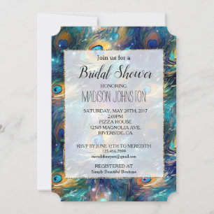 Invitation Aqua Turquoise Gold Peacock Feathers