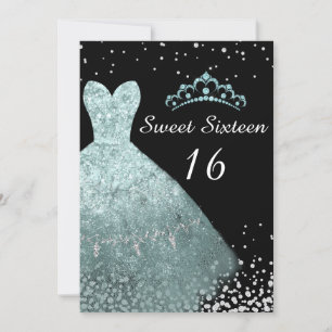 Invitation Aqua Turquoise Gown Tiara Sweet 16 Anniversaire