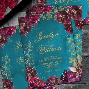 Invitation Aqua Turquoise Merlot Jewel Tone Mariage or