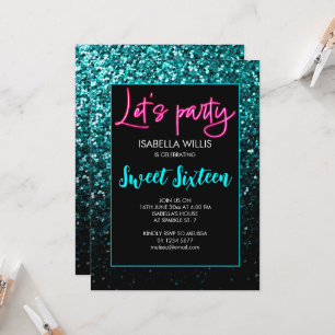 Invitation Aqua turquoise noir éclaboussures Sweet 16 néon la
