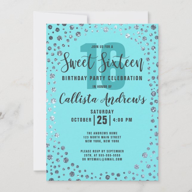 Invitation Aqua Turquoise Parties scintillant Argent Confetti (Devant)