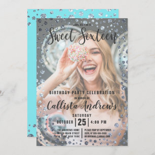 Invitation Aqua Turquoise Parties scintillant Argent Confetti