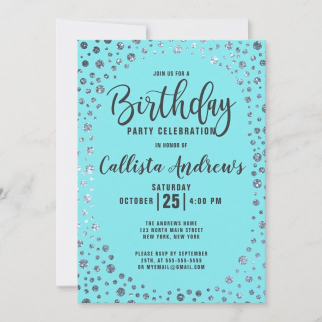 Invitation Aqua Turquoise Parties scintillant Argent Confetti (Devant)